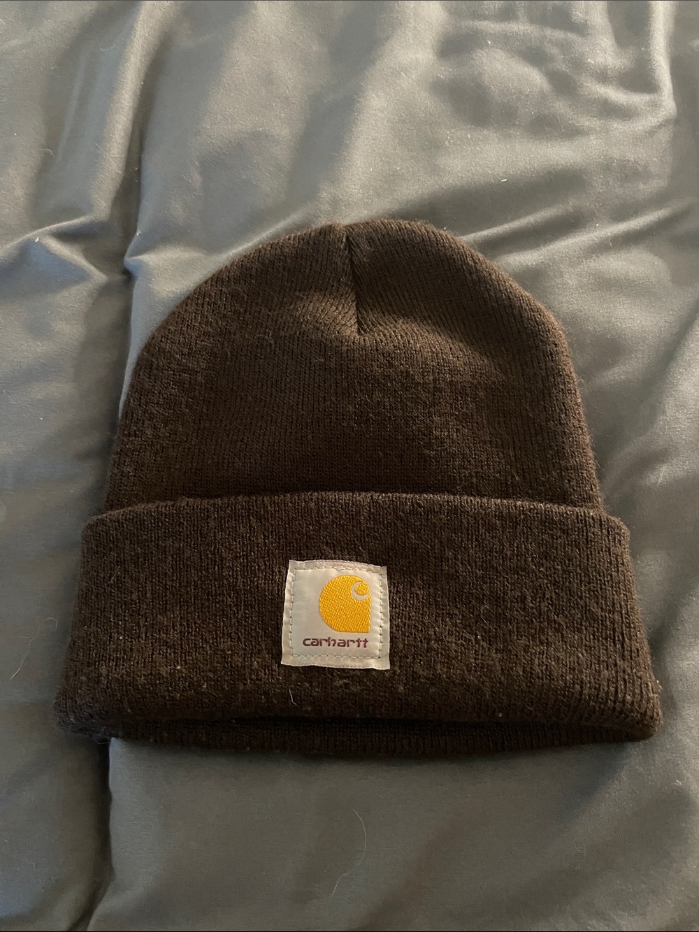 Carhartt Dark Brown Cuffed Beanie with Yellow Logo